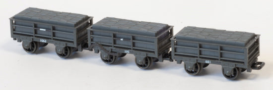 GR323 - PECO - OO-9 - F.R. 2 Ton Slate Wagon Unbraked X 2, Braked X 1, Dark Grey