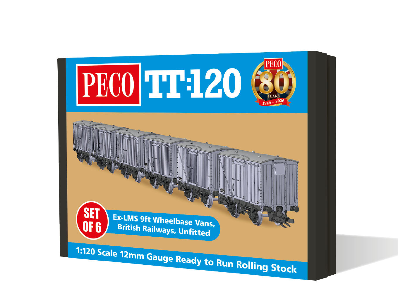 TTR61302 - PECO - TT:120 - LMS/BR 9ft WB gedeckter Güterwagen UF 6er-Set