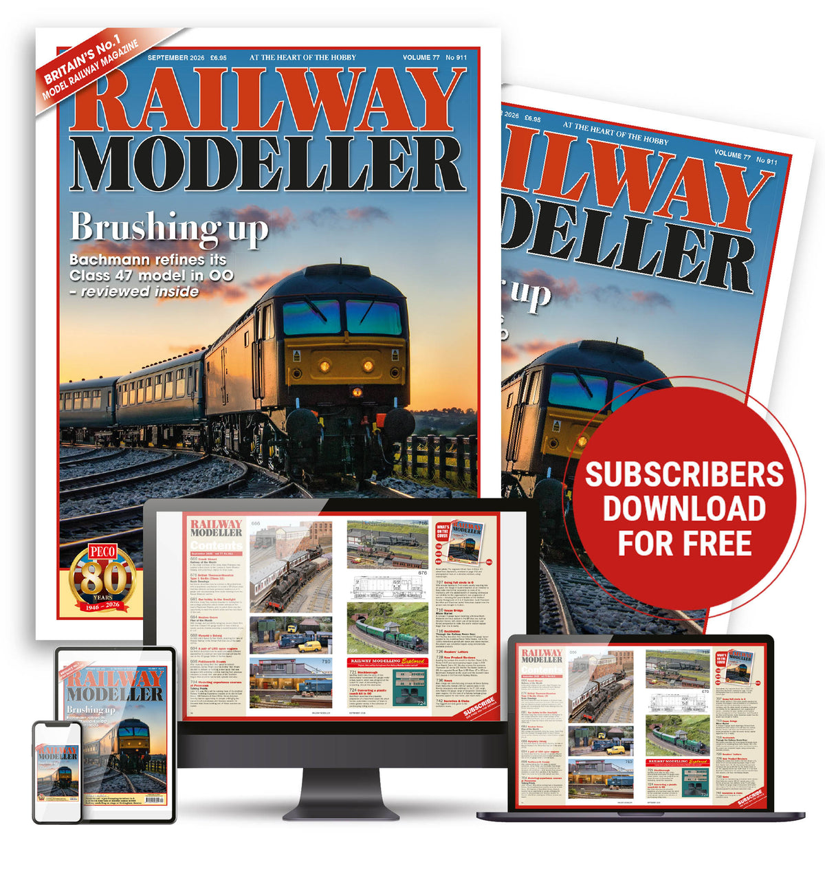 Railway Modeller magazine shown in multiple device mockups including a desktop monitor, laptop, tablet, and phone, with two larger magazine covers behind them and a red badge reading 'SUBSCRIBERS DOWNLOAD FOR FREE'.