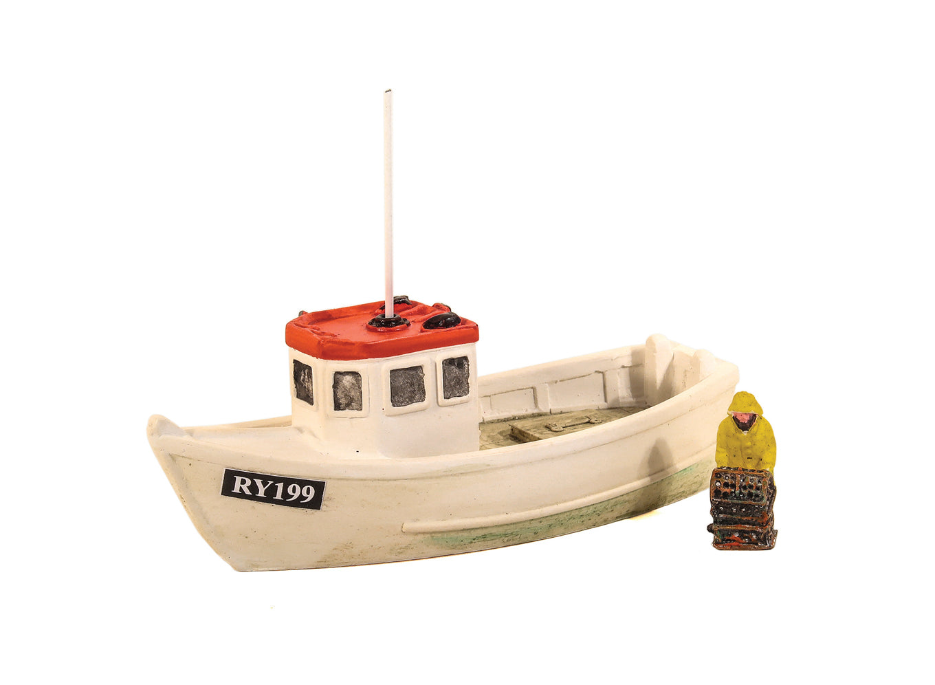 Hummerboot mit Fischer und rotem Dach
